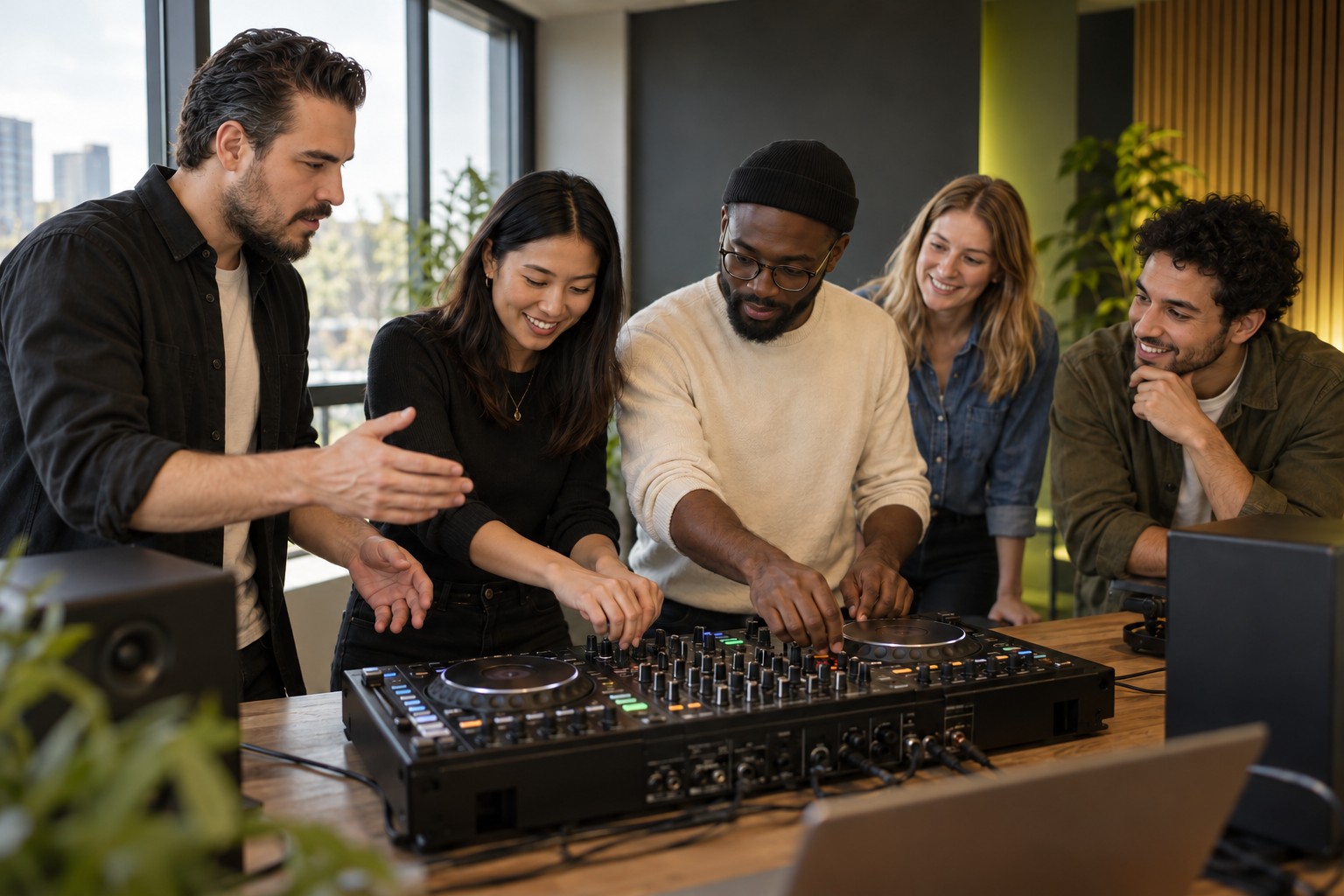 Illustrative adult team working together around DJ equipment in a company workshop.